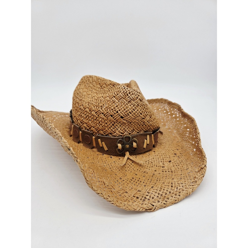Women's Bullhide Cowboy Hat Winston Model Straw Brown Leather Silver Size S